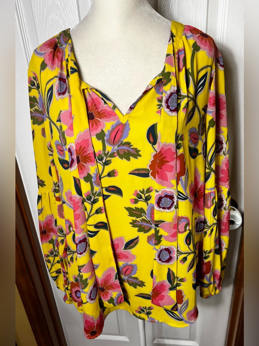 Boho Floral Blouse Top Long Sleeve Lightweight Mustard Yellow Bohemian Size L